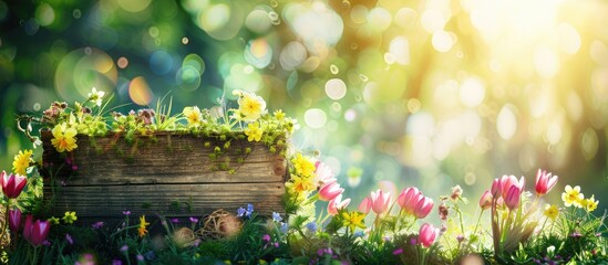 A cheerful and vibrant spring backdrop for Easter, featuring a seasonal greeting written on a weathered wooden sign in a picturesque countryside setting with lush greenery and blooming flowers, - obrazy, fototapety, plakaty