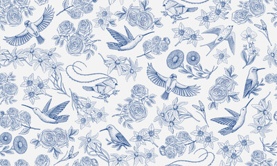 Toile De Jouy banner. Wild bird and exotic plants. Seamless pattern. Eastern landscape. Linear Flowers and roses. Hand drawn sketch in vintage style. - 767419132