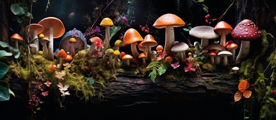 A variety of mushrooms can be seen growing on a log surrounded by a natural landscape in the woods, complemented by groundcover and grass - obrazy, fototapety, plakaty
