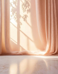 Backlit window with delicate beige-pink translucent curtains in an empty room. Peach fuzz color 2024..