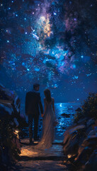 wedding in a starry night, bride and groom. ai generative