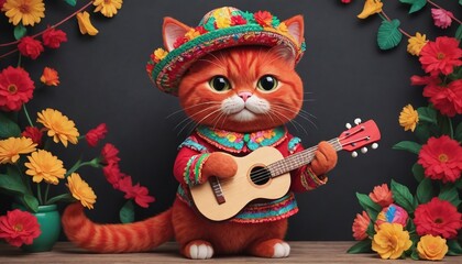 Red Cat In Traditional Mexican Outfit With A Ukulele For Cinco De Mayo.