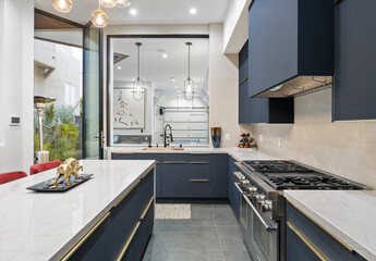 Contemporary kitchen with  blue cabinets and a marble countertop