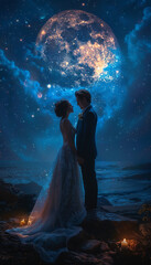 wedding in a starry night, bride and groom. ai generative