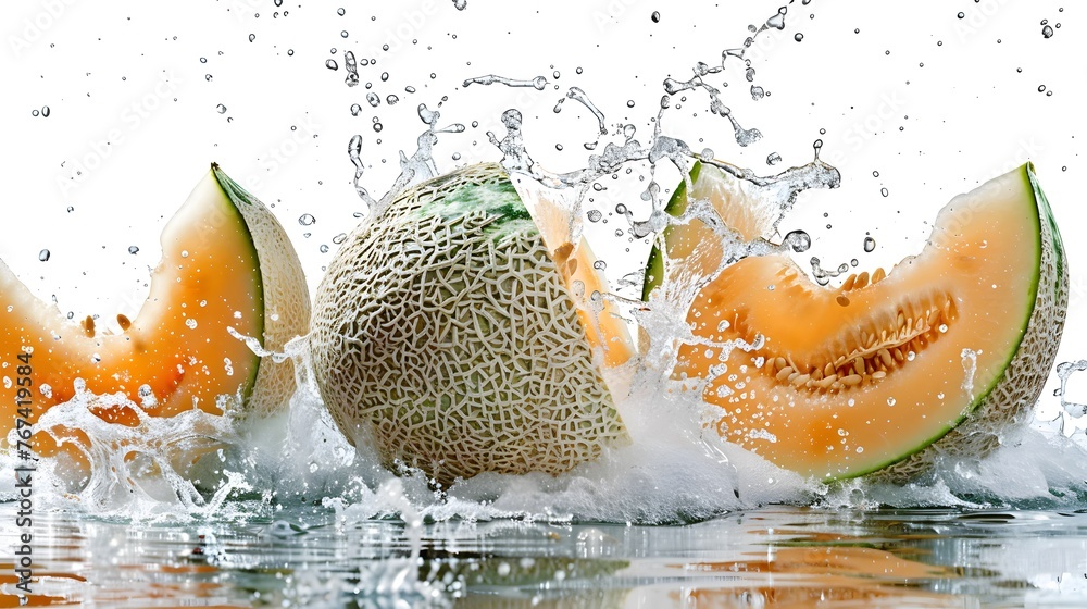 Wall mural Melon with water splash on white background
