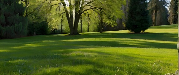 Natural landscape with lawn with  fresh grass and trees  in early morning 