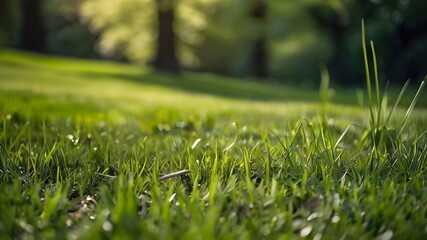 Natural landscape with lawn with  fresh grass and trees  in early morning 