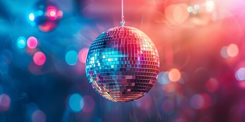 Vibrant Atmosphere: Colorful Disco Ball Reflecting Rainbow Lights in Modern Nightclub. Concept Nightlife, Disco Ball, Rainbow Lights, Modern Club, Vibrant Atmosphere