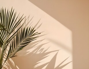 Palm leaves on the light  wall. Minimal background for product presentation. Spring and summer.