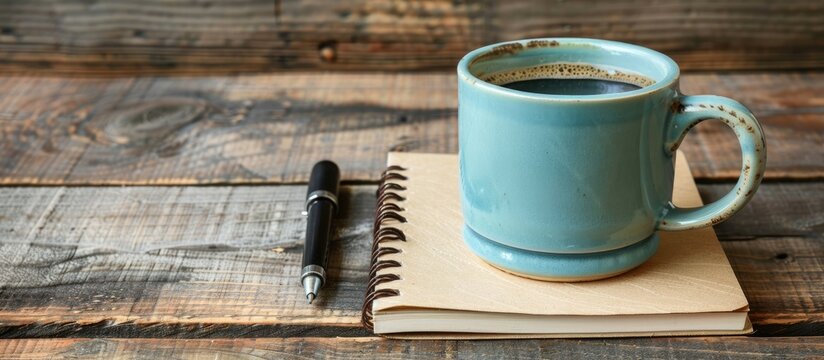 Empty notebook cover, mug of coffee, and pen placed on a wooden table for display purposes
