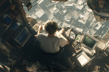 Illustration of Industrial office style with office worker and panoramic windows with blurry cityscape. teenager guy man mess in the room. sunlight falls through the window a lot of garbage and papers