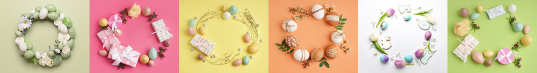 Collage with many beautiful Easter wreaths on color background