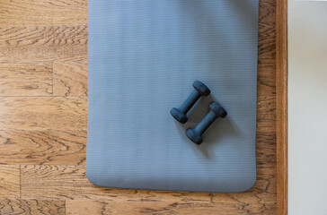 Gray Yoga Mat and Black Small Workout Weights, Exercise Class Studio, Active, Sport, Health