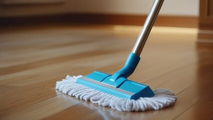 Cleaning the floor with a mop and detergent on the parquet floor at home, mop close-up, house cleaning and cleanliness concept