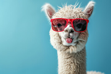 Obraz premium Funny white alpaca with red sunglasses on a blue background showing tongue