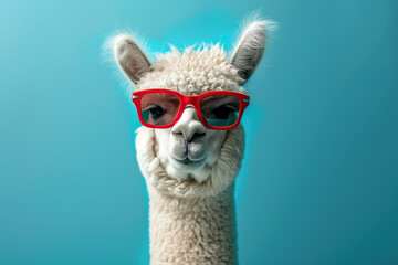 Fototapeta premium Funny white alpaca with red sunglasses on a blue background