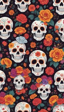 Colorful Human Skulls And Flowers Pattern For Day Of The Dead.
