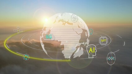 Futuristic Technology Icons Around Virtual Planet Against Cloudy Sunset Sky. Digital Transformation Concept