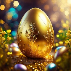 Single Easter egg placed in a creative and unique setting. The Easter egg is featuring vibrant colors and patterns. Surrounding the egg, imaginative elements that enhance its uniqueness with bokeh.