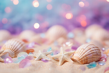 Starfish and seashells on a sandy beach