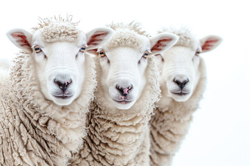 Three white sheeps isolated on a white background