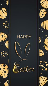 Happy Easter lettering. Easter bunny ear golden symbol. Looped animated screensaver on black background with decor. Vertical video.