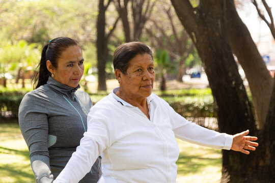 Two Women Standing Together performing fitness movements in a green and bright park 