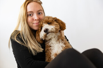 Girl holding Golden Doodle puppy, white backdrop background, owner and pet, hug, cuddle, love, comfort dog. 