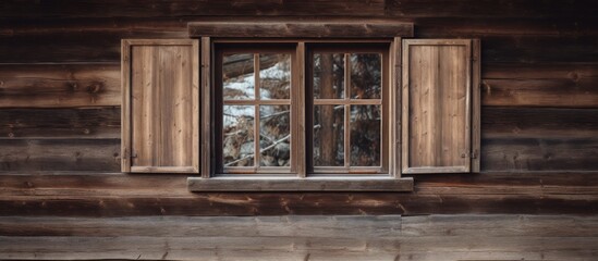 A wooden window with shutters is a fixture on a wooden wall, blending seamlessly with the facade of the building. The hardwood complements the building material and flooring, creating a cohesive look