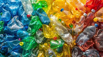 Assorted used plastic bottles in various vibrant colors at a recycling facility - obrazy, fototapety, plakaty
