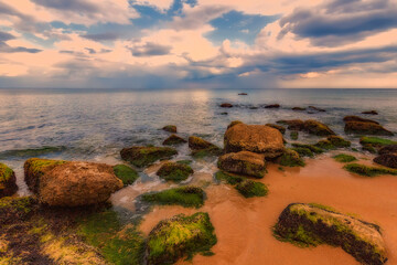 scenic view of seascape with rocks with moss on the beach