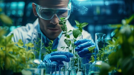 Scientist in protective eyewear working in a plant biotechnology laboratory. - obrazy, fototapety, plakaty