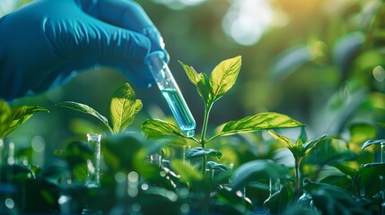 Close-up of a hand holding a test tube with a green liquid over small green plants in the sunlight - obrazy, fototapety, plakaty