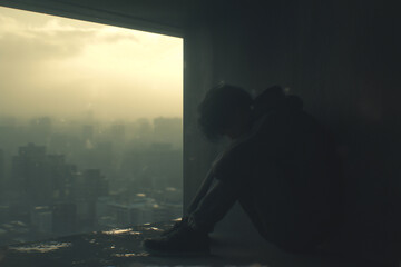 Silhouette of pretty young man boy girl female woman sitting on the floor near big window loneliness alienation depression sadness melancholy sadness emotions of isolation and detachment from society