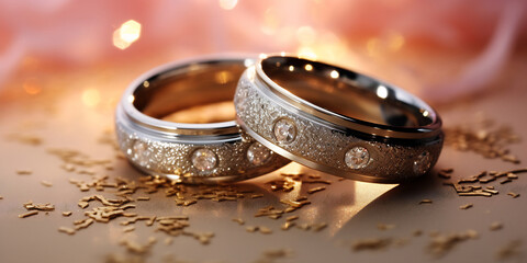Two wedding rings placed on a wooden table surface. - obrazy, fototapety, plakaty