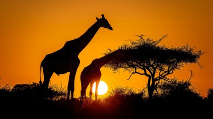  a couple of giraffe standing next to each other in a field at sundown in the distance with trees in the foreground.