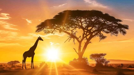 Fototapeta na wymiar a giraffe standing in front of a tree with the sun setting in the background and a giraffe in the foreground.