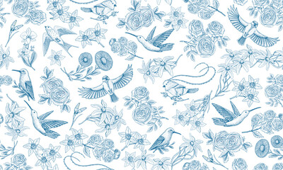 Toile De Jouy banner. Wild bird and exotic plants. Seamless pattern. Eastern landscape. Linear Flowers and roses. Hand drawn sketch in vintage style. - 767420990