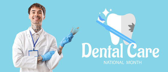 Male dentist with tools on blue background