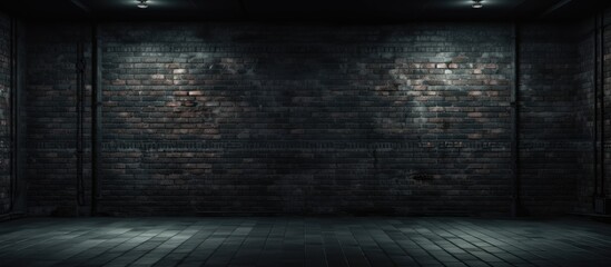 A dimly lit room featuring a dark brick wall with spotlights casting dramatic illumination