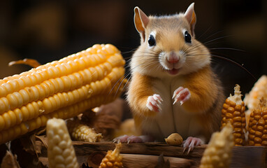 mouse hamster squirrel gnaws and eats corn. rodents and pests. fauna and biology