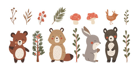 野生の森の動物たち。クマ、リスとシカ、ビーバーとノウサギ、キツツキとキノコ、モミの木と白樺、ベリー。かわいい赤ちゃんの森の動物のベクトルを設定