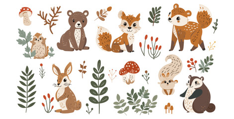 野生の森の動物たち。クマ、リスとシカ、ビーバーとノウサギ、キツツキとキノコ、モミの木と白樺、ベリー。かわいい赤ちゃんの森の動物のベクトルを設定