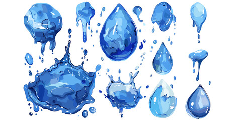 水滴。抽象的な自然の青い落下純粋な滴。雨滴。水やりの動きの形をした水。水たまり、滴る飛沫、液体の流れ。ジュースと飲み物。ベクトルコレクション