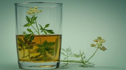  a glass of tea with a plant in it and a flower in the middle of the glass, on a light blue background.