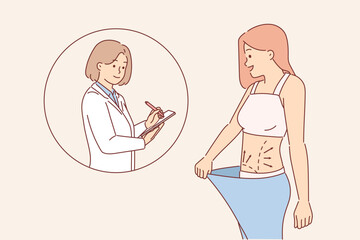 Woman had liposuction at plastic surgery clinic demonstrates result to rehabilitation doctor