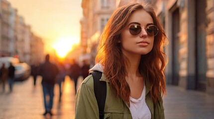 Woman happy traveler with backpack and hat sitting on grass near amazing mountains and forest view. True emotions. Soft toned colors.
