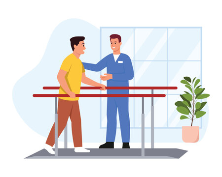 Vector illustration of doctor,physiotherapist and patient. Cartoon scene of a doctor helping a patient to cure diseases of the musculoskeletal system.The man stands and holds on to the parallel bars.
