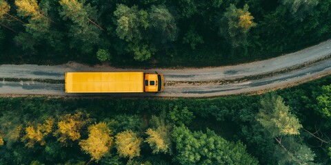 Aerial view of yellow heavy truck on a narrow twisting road through forest  area. - obrazy, fototapety, plakaty