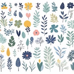 A collection of seamless pattern, colorful abstract plants and flowers. Hand drawn Collection of leaves and flowers. A close up of a pattern of flowers and leaves.
